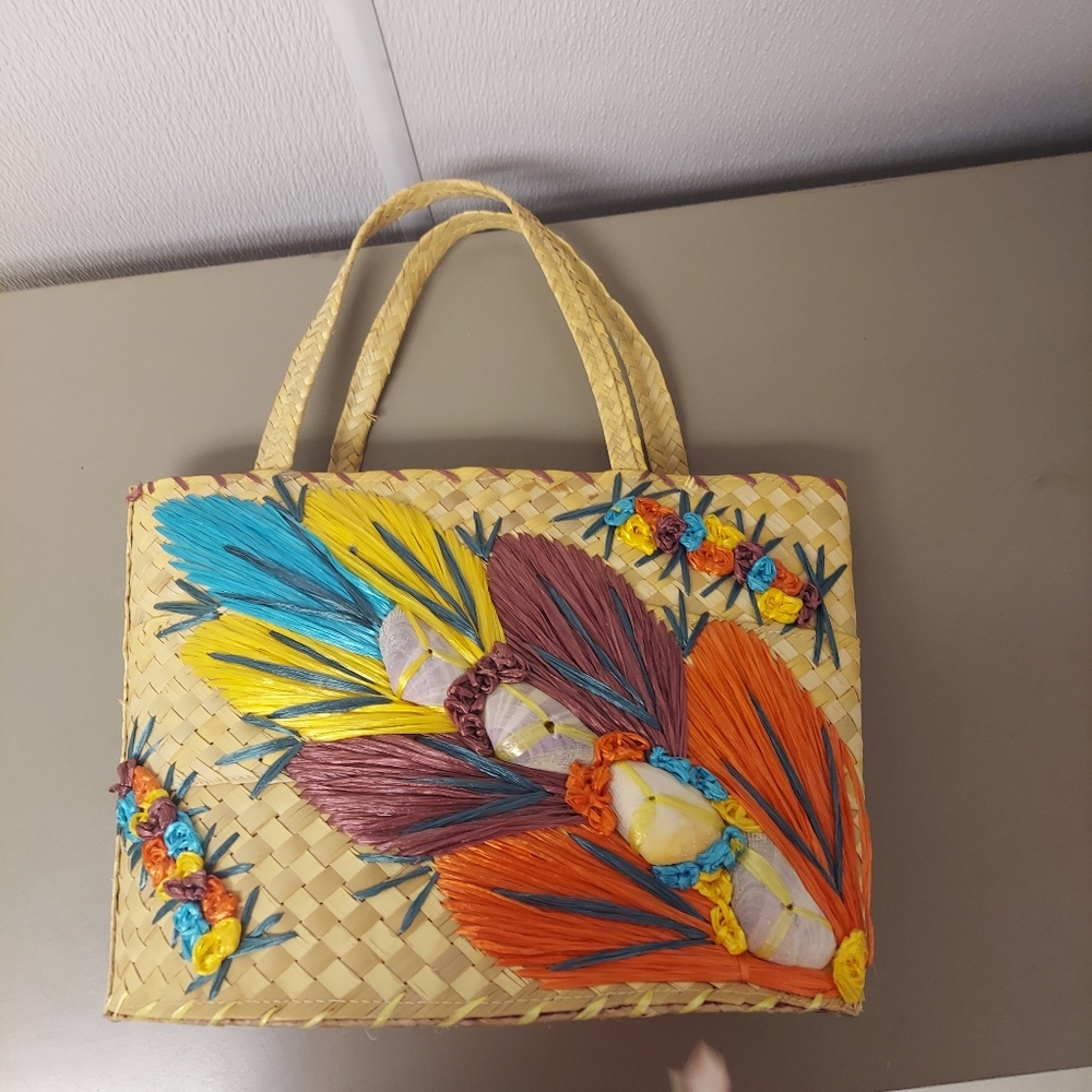 Vintage Floral & Shells Woven Tourist Bag Purse Raffia Straw Beach - Picture 10 of 13